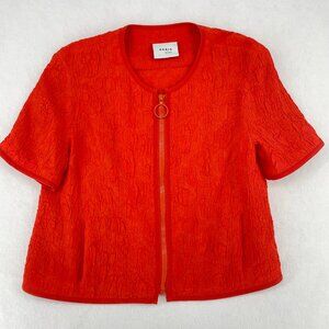 Akris Punto Swiss Luxury Boxy Zip Front Crinkle Top Orange Red Size 4 (Oversized